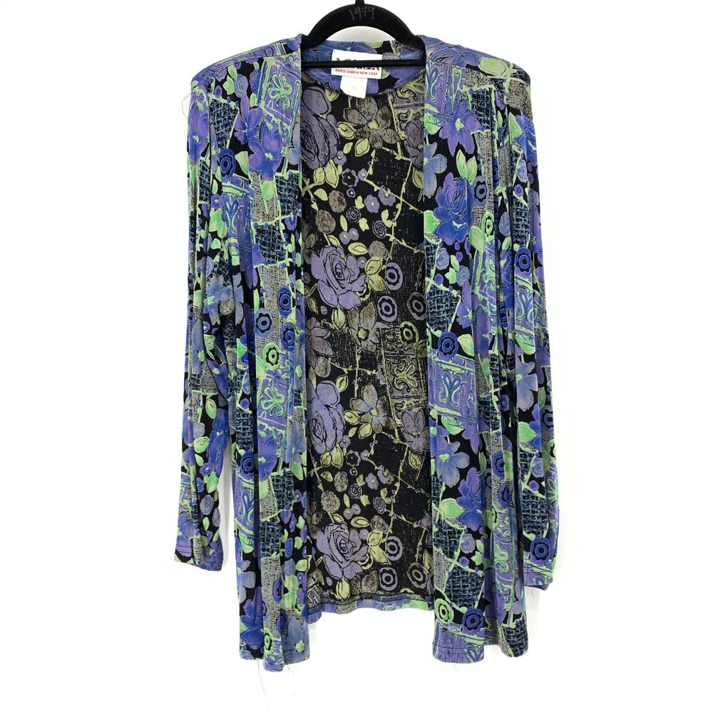 VTG Amanda Open Front Cardigan Multicolor Floral Print Blue Green Stretch Sz M